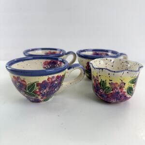 3 Purple Hydrangeas Tea Coffee Cups & 1 Candle Votive by Julie Ueland Enesco Vtg